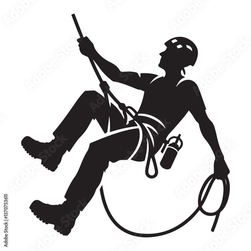 Silhouette Adventurous Rock Climber Descending Extreme Sport Vector Art