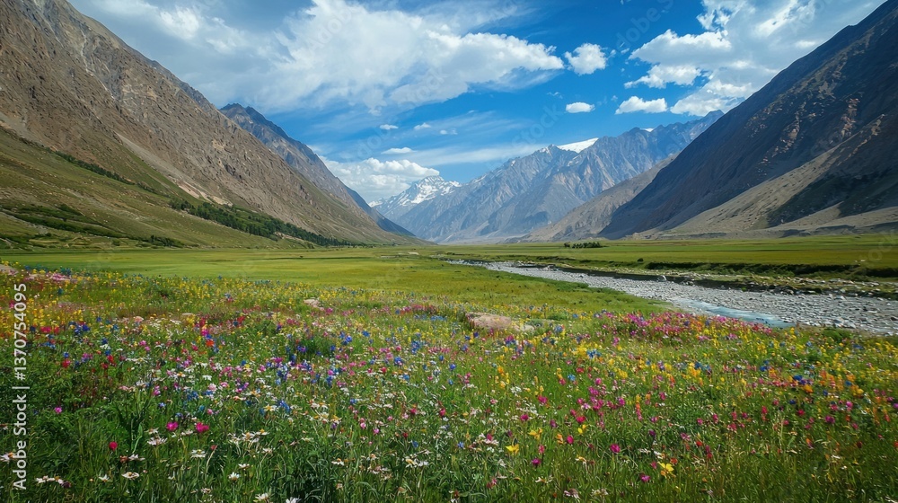 Fototapeta premium A picturesque valley with colorful wildflowers in full bloom, surrounded by towering mountains