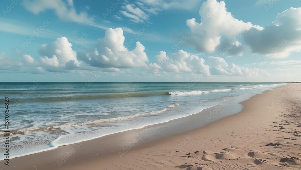 Fototapeta premium Tropical beach with blue sky features white sand meeting the turquoise sea under a partly cloudy summer sky along the coast