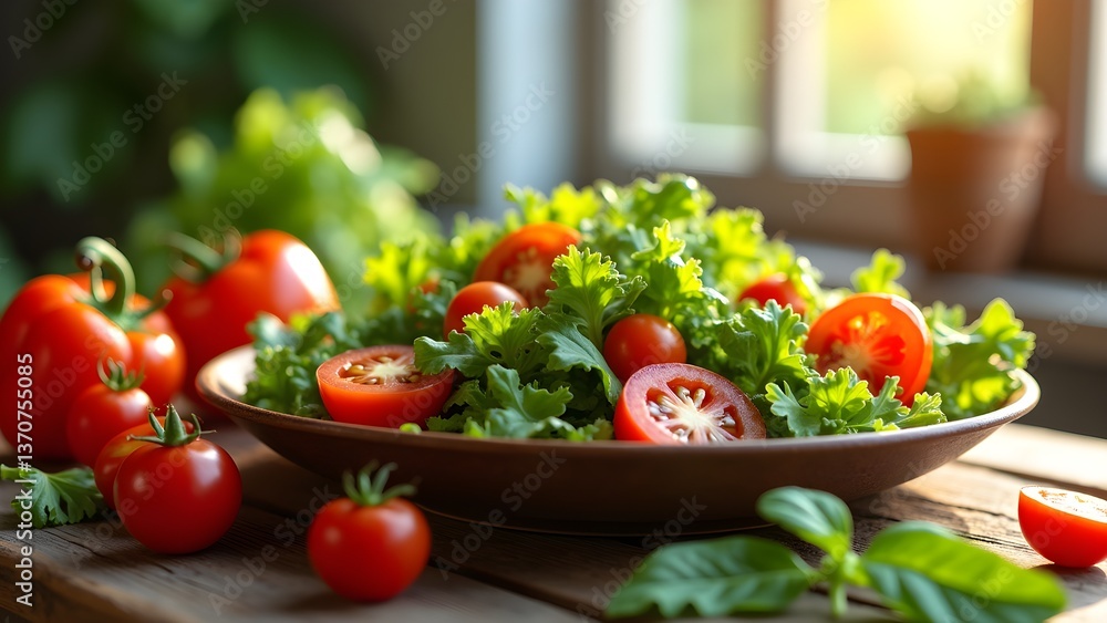 Fresh Garden Salad with Ripe Tomatoes and Green Lettuce on a Rustic Wooden Table, Bathed in Sunlight Fresh Garden Salad with Ripe Tomatoes and Green Lettuce on a Rustic Wooden Table, Bathed in Sunlight