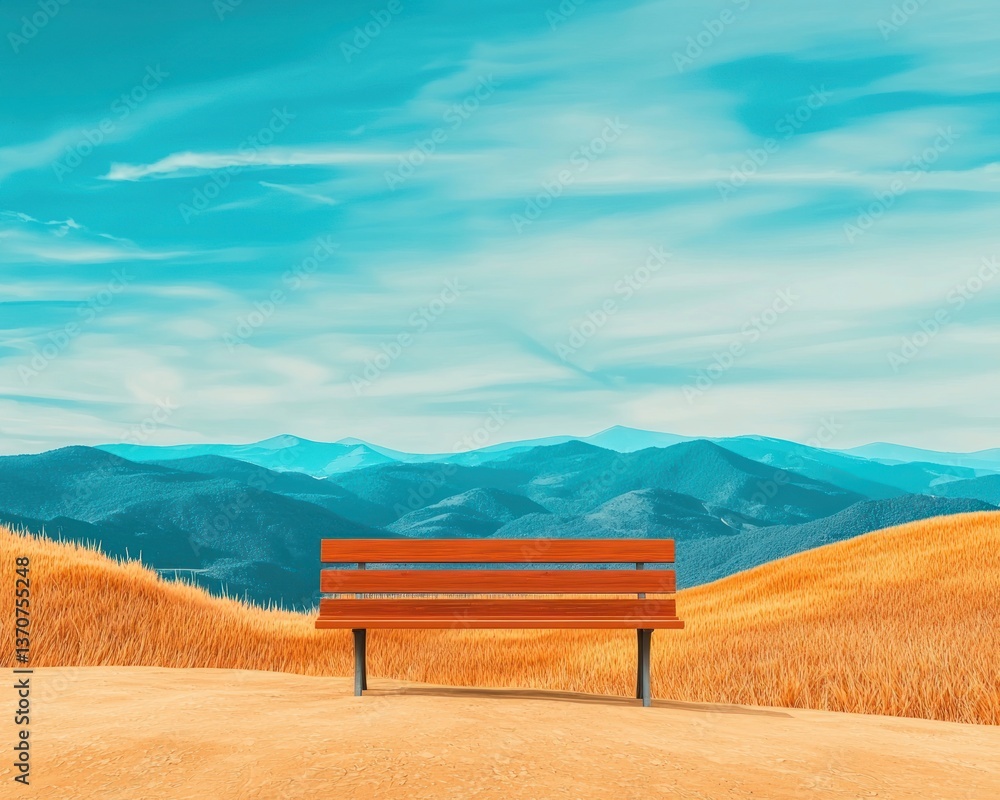 Obraz premium Wooden bench inviting contemplation amidst panoramic mountain valley vistas