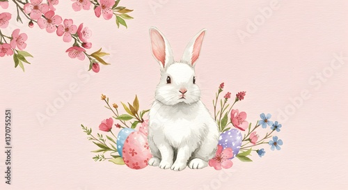 Happy Easter Bunny with Colorful Eggs and Spring Flowers

