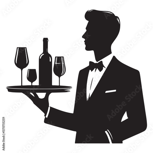 Waiter Serving Wine Silhouette Illustration Elegant Service Restaurant