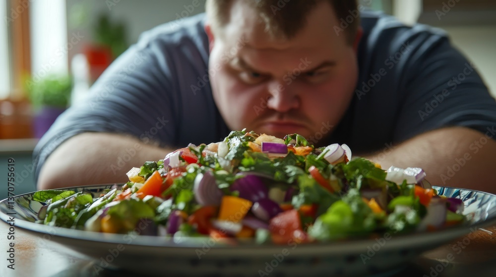 Man with Frustration Staring at a Large Plate of Colorful Fresh Salad in a Kitchen Man with Frustration Staring at a Large Plate of Colorful Fresh Salad in a Kitchen