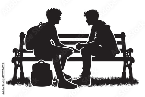 Silhouette friends discussing sitting on park bench vector illustration