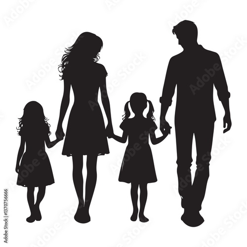 Silhouette family vector illustration art featuring mom dad and daughters