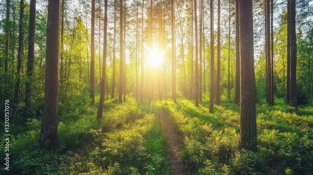 Fototapeta premium A sunlit path through a lush green forest, evoking peace and serenity.