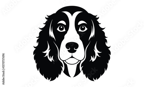 Cocker spaniel dog face silhouette, English Cocker Spaniel dog face peeking over front paws vector illustration 