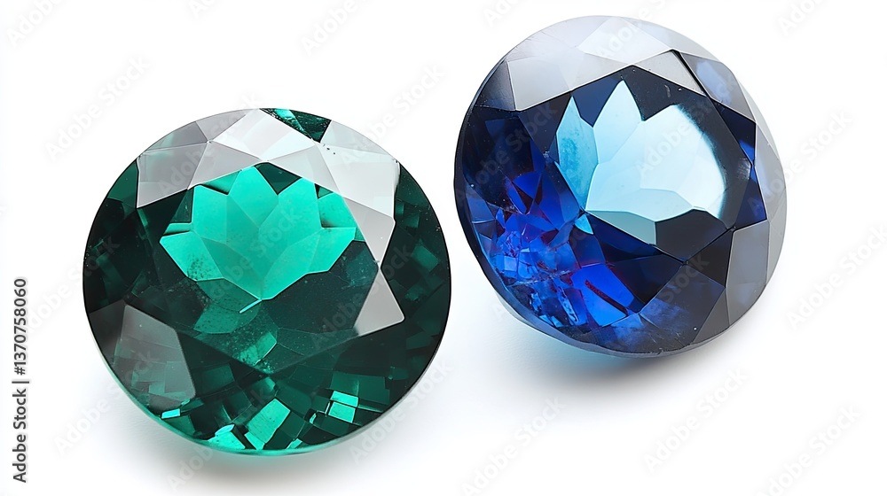 Fototapeta premium Isolated round-cut emerald and sapphire gemstones against a white background