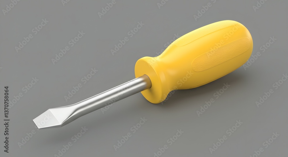 Yellow-Handled Flathead Screwdriver on Gray Background Yellow-Handled Flathead Screwdriver on Gray Background