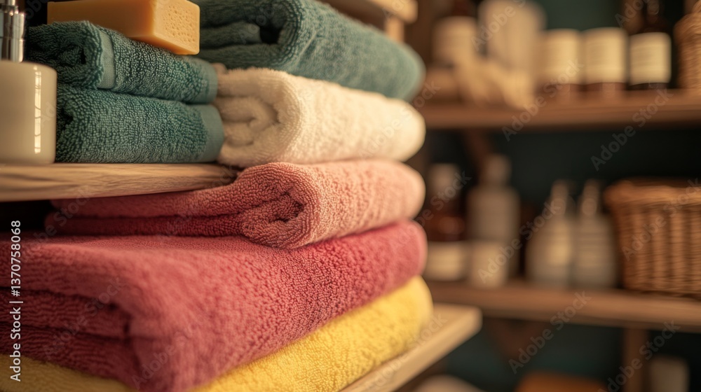 Soft and colorful towels are neatly stacked on a shelf. This image evokes a sense of comfort. Perfect for wellness and spa themes. Generative AI Soft and colorful towels are neatly stacked on a shelf. This image evokes a sense of comfort. Perfect for wellness and spa themes. Generative AI