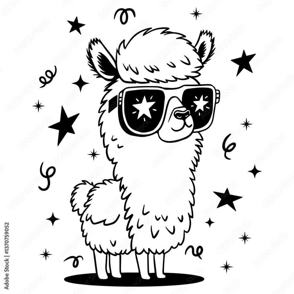 Fototapeta premium Cool llama with star sunglasses, surrounded by festive stars and swirls. Fun black silhouette