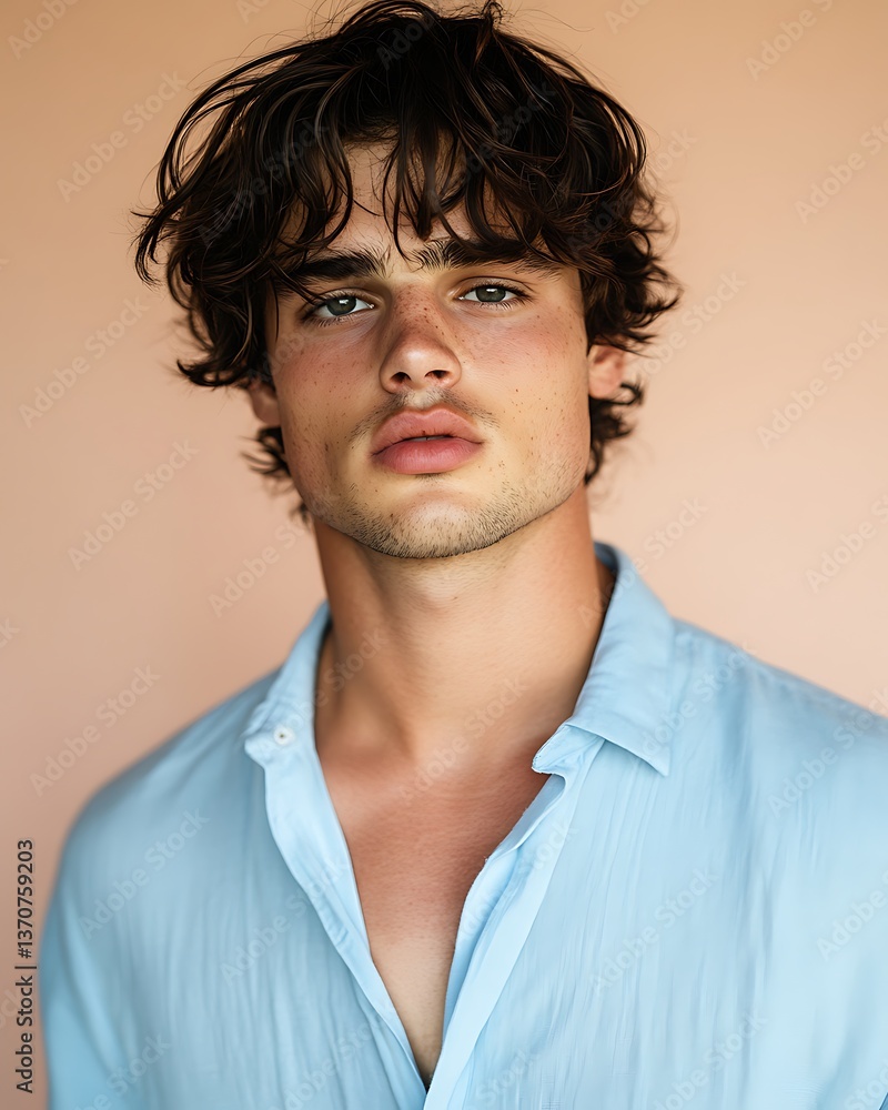 Close-up Portrait of Intense-Gazing Man in Pastel Sky-Blue Shirt with Soft Beige-Pink Background Close-up Portrait of Intense-Gazing Man in Pastel Sky-Blue Shirt with Soft Beige-Pink Background