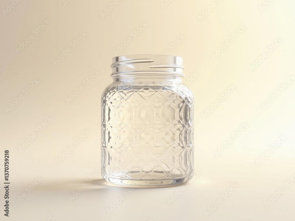 A clear glass jar with a diamond pattern and a metal lid, placed on a light beige background A clear glass jar with a diamond pattern and a metal lid, placed on a light beige background