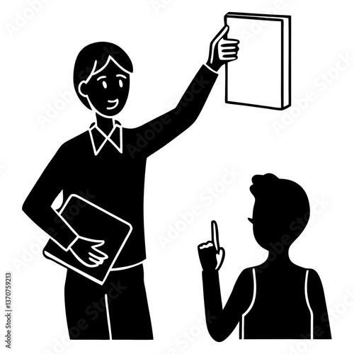 A silhouette of a teacher with a raised hand, asking a question to the class