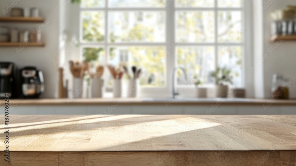 Bright kitchen with wooden countertop capturing sunlight and showcasing a calm, organized atmosphere Bright kitchen with wooden countertop capturing sunlight and showcasing a calm, organized atmosphere