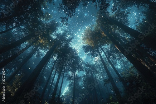 A magical forest with tall trees and the northern lights in starring night sky.