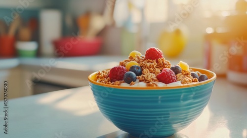 Bowl of Granola with Fresh Berries and Yogurt in Sunlit Kitchen Setting