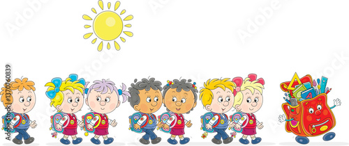 Happy little schoolboys, schoolgirls and a funny cartoony Schoolbag friendly talking and going to school, vector cartoon illustration on a white background