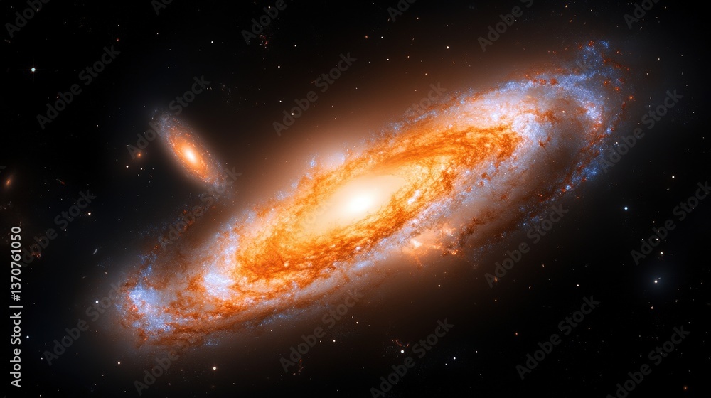 Fototapeta premium Captivating Cosmic Collision A Spiral Galaxy Merging with a Dwarf Galaxy