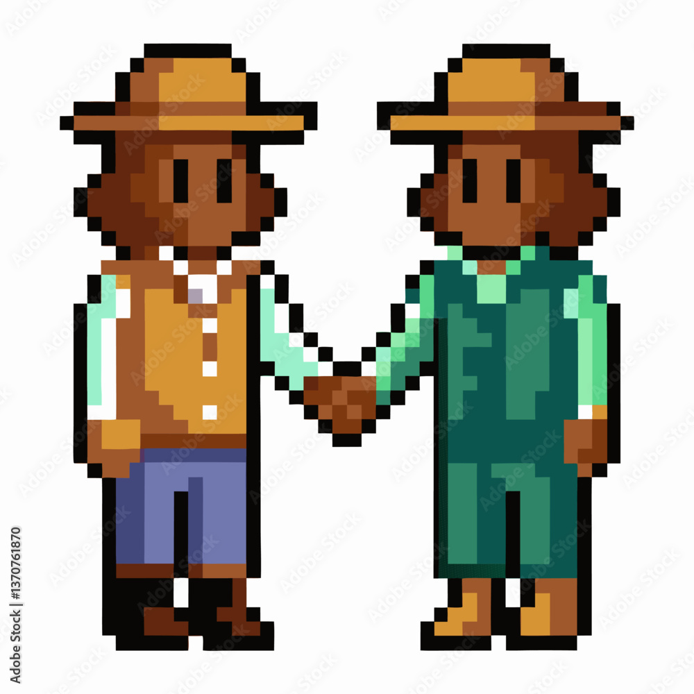 Fototapeta premium Pixel Art Farmers Shaking Hands in Retro Style