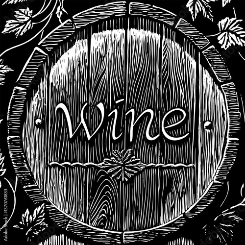 Elegant Vintage Wine Barrel Illustration with Intricate Leaf Detailing