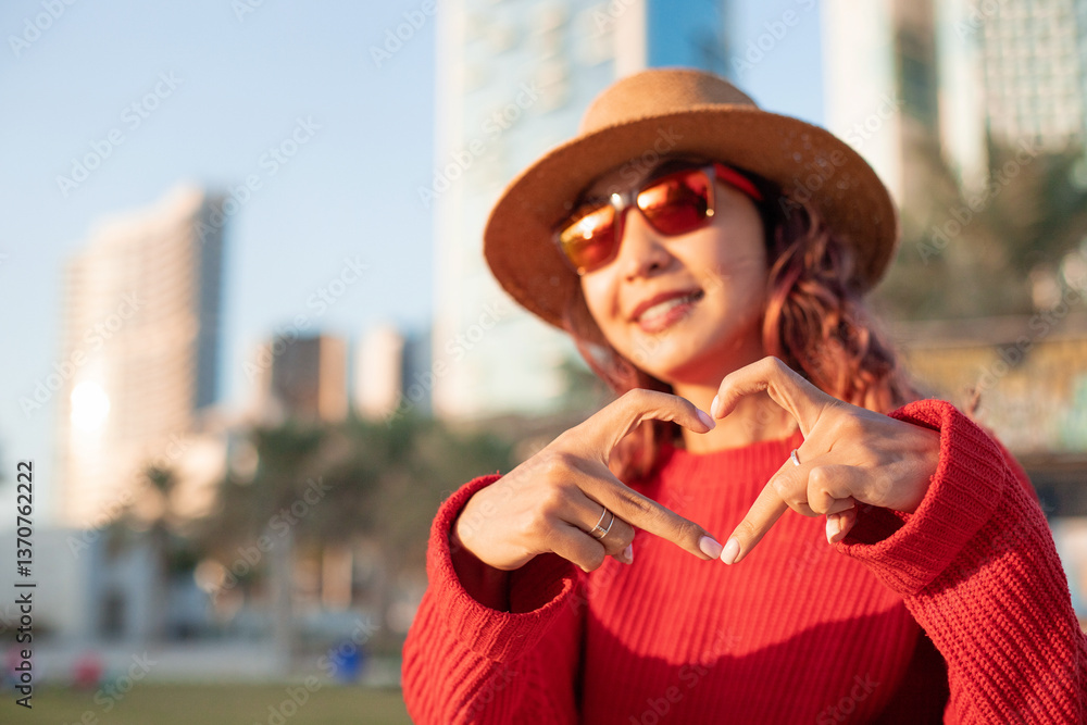 Young woman creating a heart shape with her hands while enjoying a stunning sunset in Dubai, embracing the joy of travel and adventure