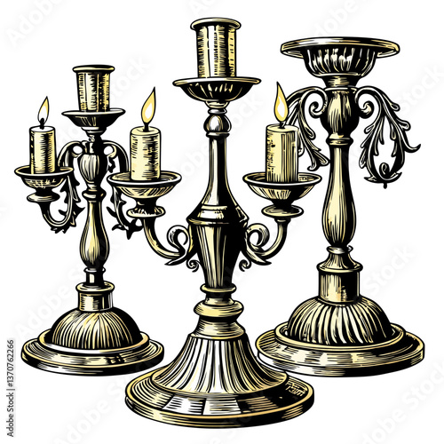 Vintage Candle Holders Illustration Elegant Engraved  Candelabras