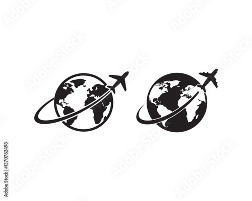 Airplane Flying Around Earth Silhouette - Global Travel Icon