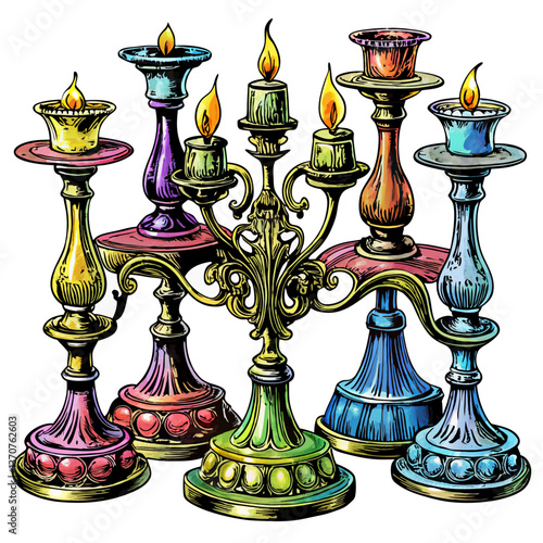 Colorful Vintage Candlesticks with Burning Candles in Intricate Design