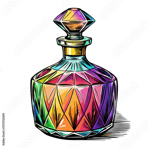 Vibrant Colorful Perfume Bottle in Vintage Crystal Design with Rainbow Reflections