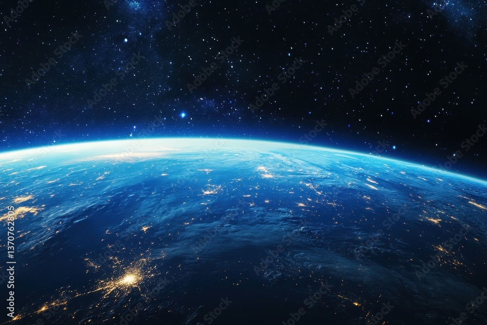 Obraz premium View of Earth from space highlighting planetary features and city lights at night