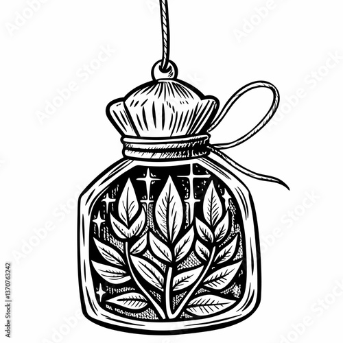 Vintage Botanical Glass Jar with Leaves and Stars Hand Drawn Illustration