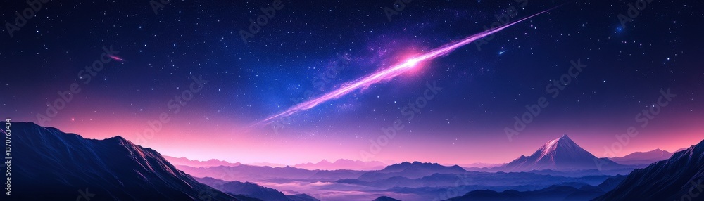 Fototapeta premium Captivating Cosmic Landscape with Distant Galaxy and Mountainous Horizon