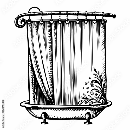 Vintage Bathtub with Curtain Illustration Hand Drawn Black and White  Art