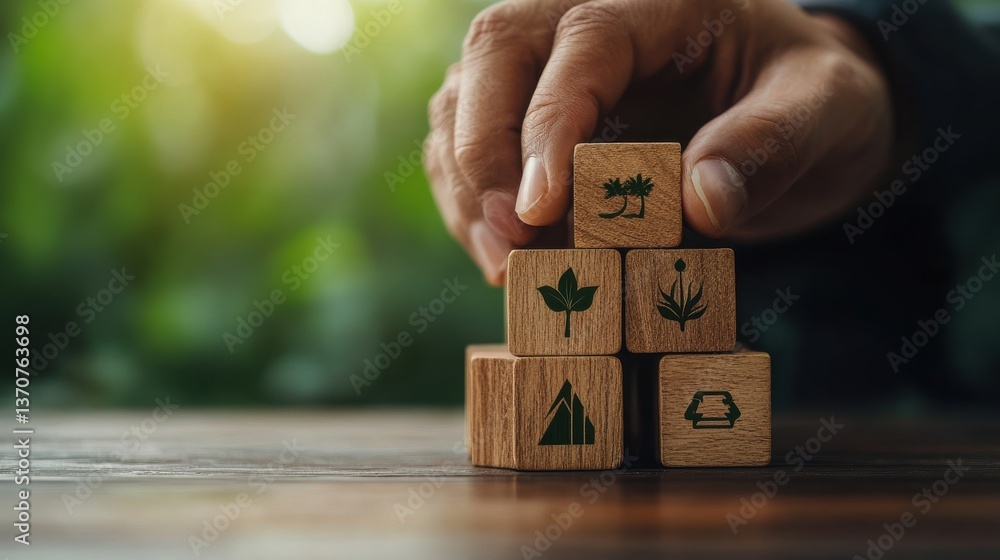 Obraz premium A hand places wooden blocks with nature symbols, emphasizing sustainability and eco-friendliness against a blurred green background.