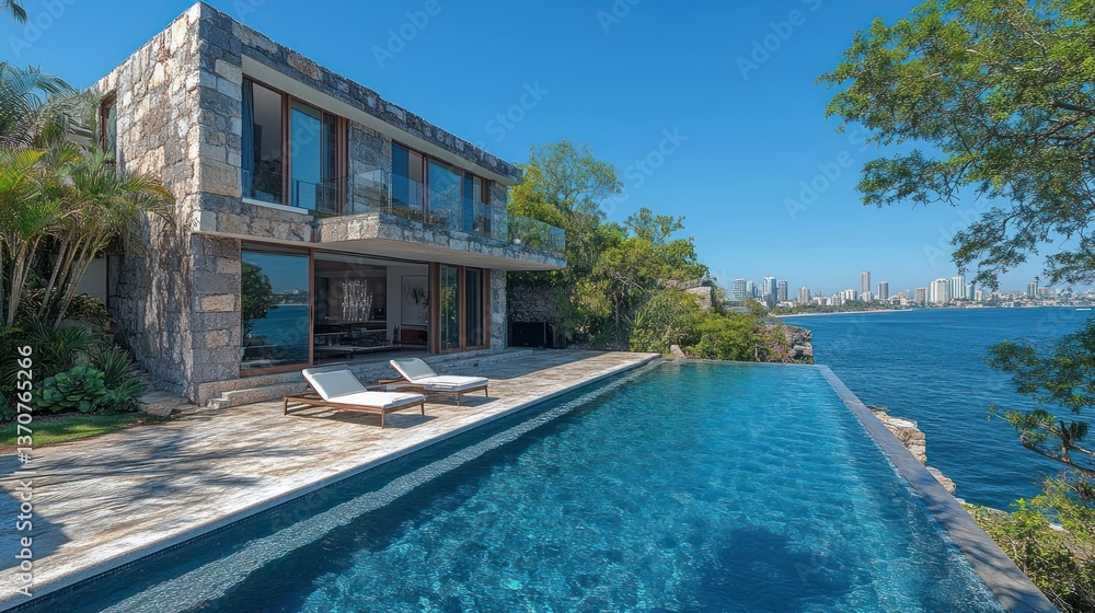 Fototapeta premium Modern Cliffside Home Pool Overlooking City