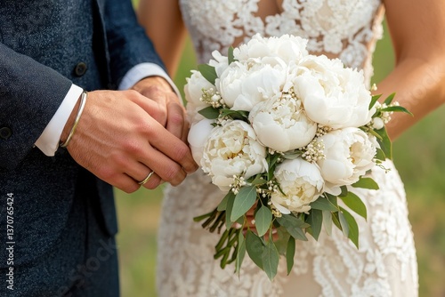 A close-up of a couple holding a beautiful bouquet of white peonies, showcasing elegance and love during a wedding ceremony.