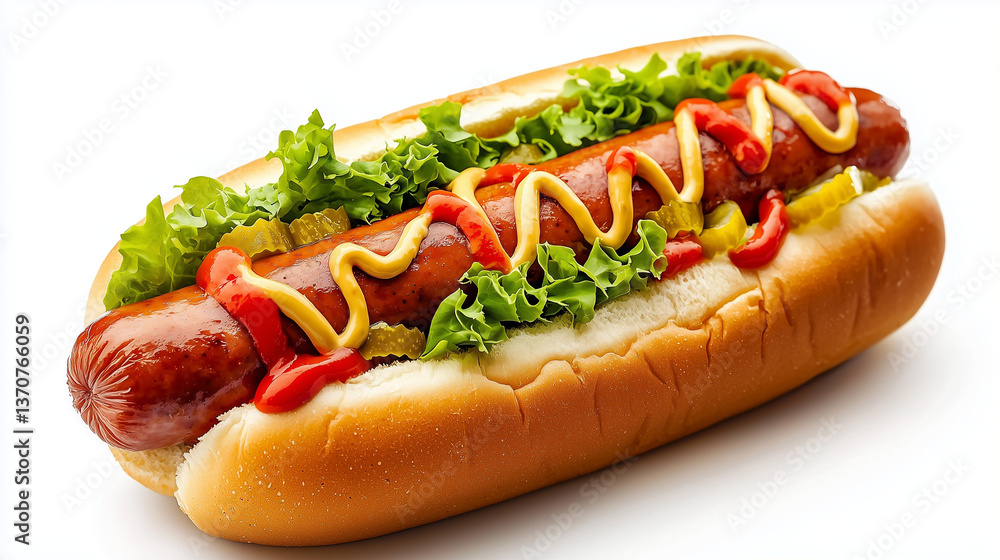 Hot Dog mit Salat, Ketchup und Senf auf weißem Hintergrund Hot Dog mit Salat, Ketchup und Senf auf weißem Hintergrund