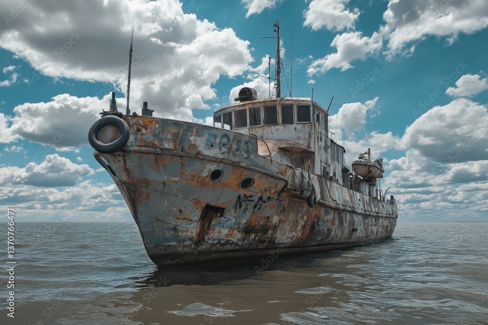 Fototapeta premium Abandoned fishing boat rests in calm waters under a cloudy sky