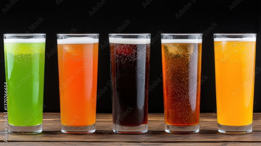 Five tall glasses of various colorful refreshing beverages stand in a row on a dark wooden surface against a black background perfect for menu designs or advertisements. Five tall glasses of various colorful refreshing beverages stand in a row on a dark wooden surface against a black background perfect for menu designs or advertisements.