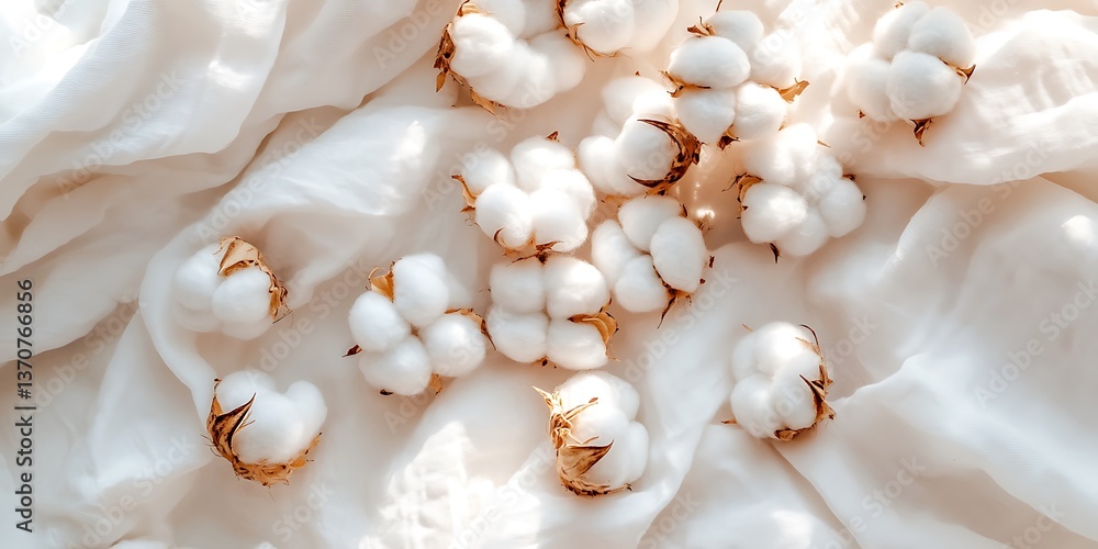 Cotton flowers resting on soft white fabric Cotton flowers resting on soft white fabric