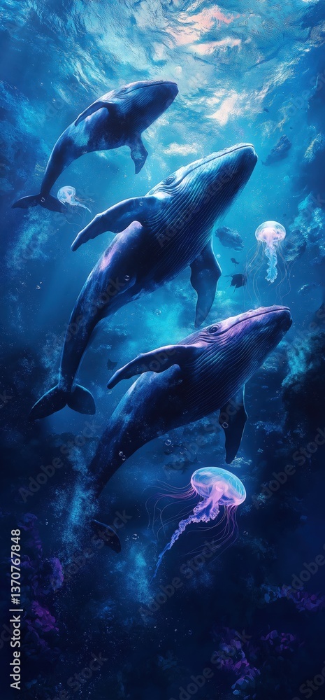 Fototapeta premium A glowing whale pod drifts through bioluminescent ruins in deep blue waters