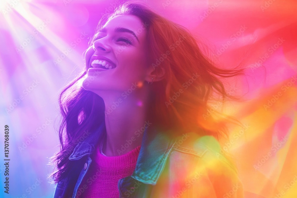 Woman with joyful expression enjoying vibrant colors in a lively outdoor setting Woman with joyful expression enjoying vibrant colors in a lively outdoor setting