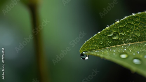 Dew-Kissed Leaf: Morning's Freshness Captured in Close-Up Detail.