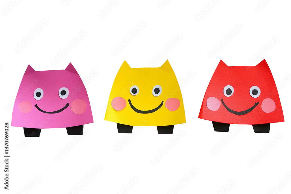 Fototapeta premium Colorful Paper Cat Shapes with Smiling Faces on a Transparent Background for Fun and Playful Artistic Projects