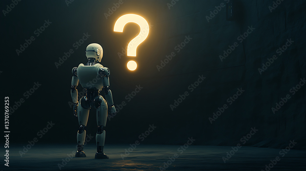 Fototapeta premium Robot contemplates a question in a dark environment