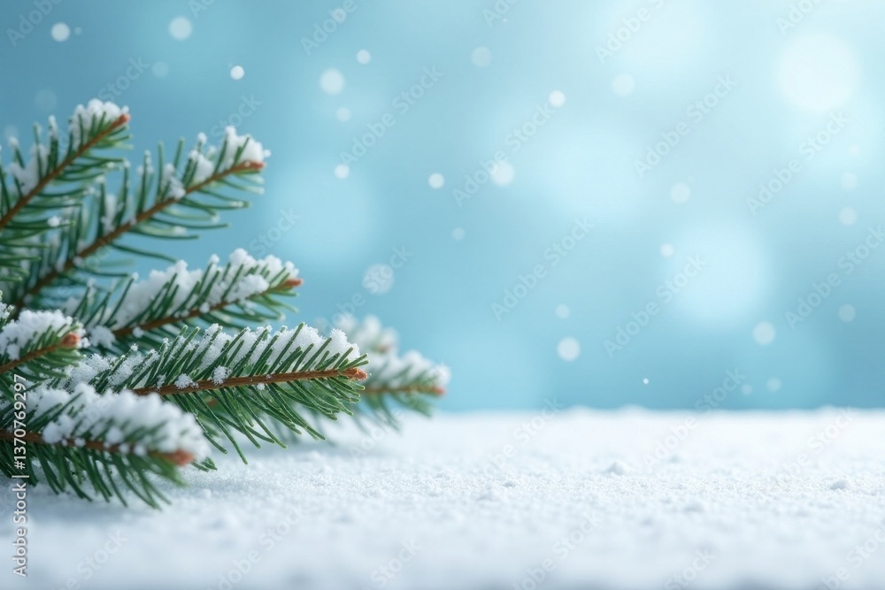 Serene Winter Scene Snow-Covered Evergreen Branch Resting on a Pristine Snowdrift Against a Soft Blue Background Serene Winter Scene Snow-Covered Evergreen Branch Resting on a Pristine Snowdrift Against a Soft Blue Background