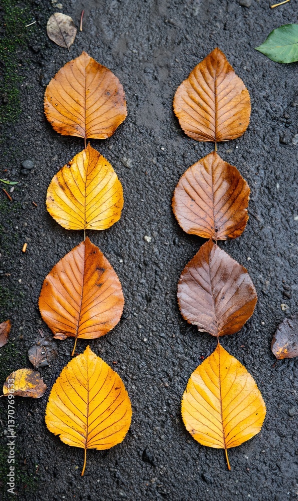 Fototapeta premium A nature photography backdrop of autumn leaves in rich golden brown hues and dark, moody shades