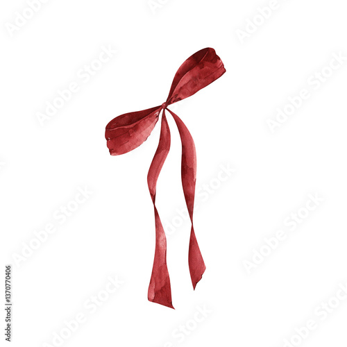Watercolor Dark Red Bow Illustration: Elegant Ribbon Art for Design, Ideal for Holiday and Wedding Projects